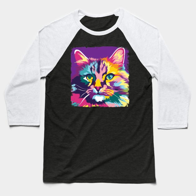 Siberian Cat Pop Art - Cat Lover Gift Baseball T-Shirt by PawPopArt